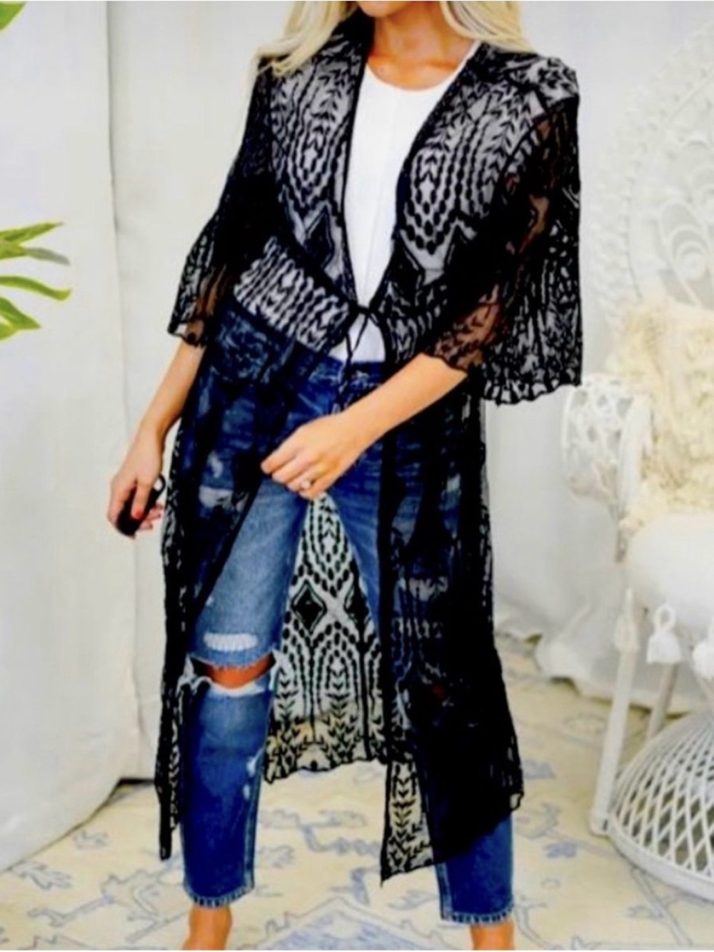 Black Sheer Lace Long Cardigan Duster - Women Sweater